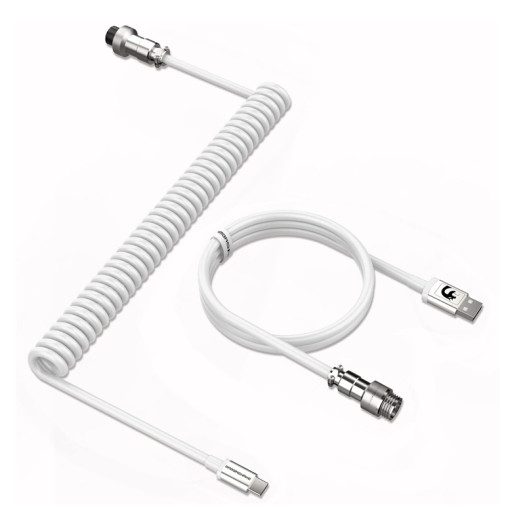 MAMBASNAKE C01 Coiled Keyboard Cable, Pro Custom USB-C Aviator Cable for Mechanical Keyboard, Type-C to USB-A, TPU Spring Cable with Detachable Metal Aviation Connector for PC Gaming Keyboard-White